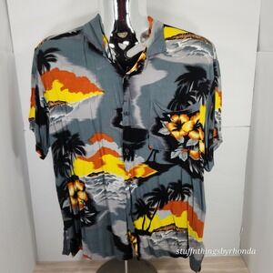 Uluwatu Hawaiian Shirt Tropical Palm Tree Sunset‎ Button Up Short Sleeve L